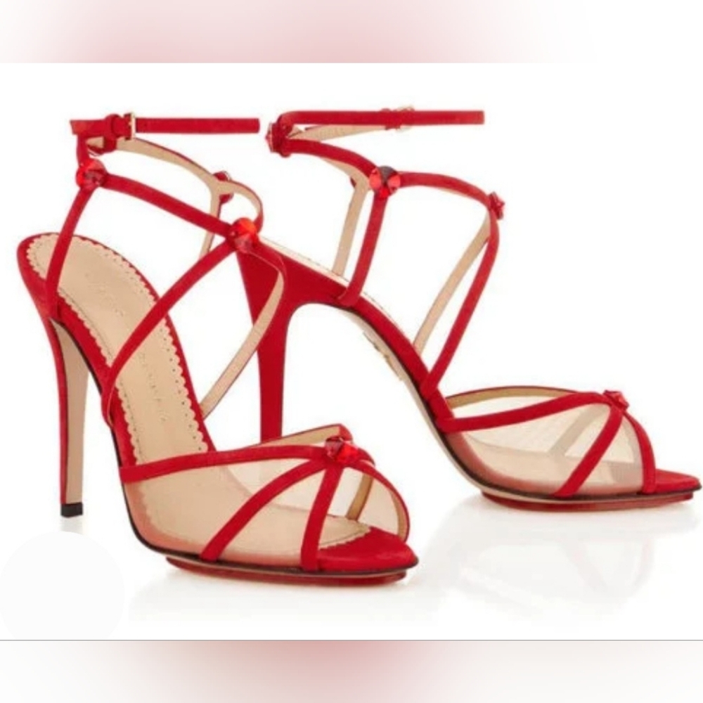 Charlotte Olympia heeled sandals 8.5 scarlet red suede Isadora mesh Made Italy